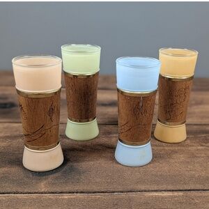 MCM Siesta Ware Drinking Glasses Set Of Four Frosted Glass Wood Accent Gold Trim